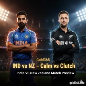 Gold365 IND vs NZ match preview image showing India vs New Zealand cricket battle under stadium lights