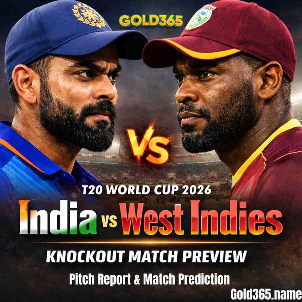 **Alt Text:**
India vs West Indies T20 World Cup 2026 knockout match preview graphic featuring two cricket players facing each other with bold title text and dramatic stadium background. on Gold365.name
