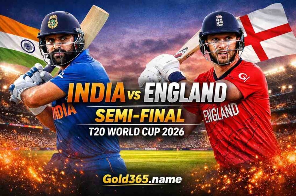 India vs England T20 World Cup 2026 Semi-Final promotional banner featuring two cricketers with bats, stadium background, and match prediction with betting odds by Gold365.