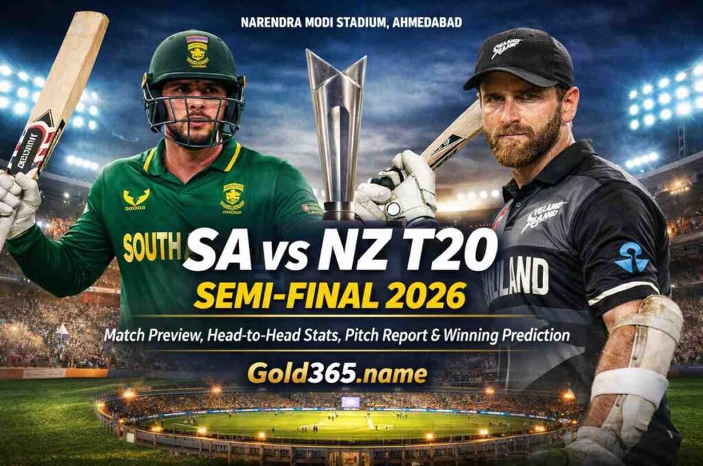 SA vs NZ T20 Semi-Final 2026 promotional banner featuring South Africa vs New Zealand players at Narendra Modi Stadium Ahmedabad with Gold365.name branding